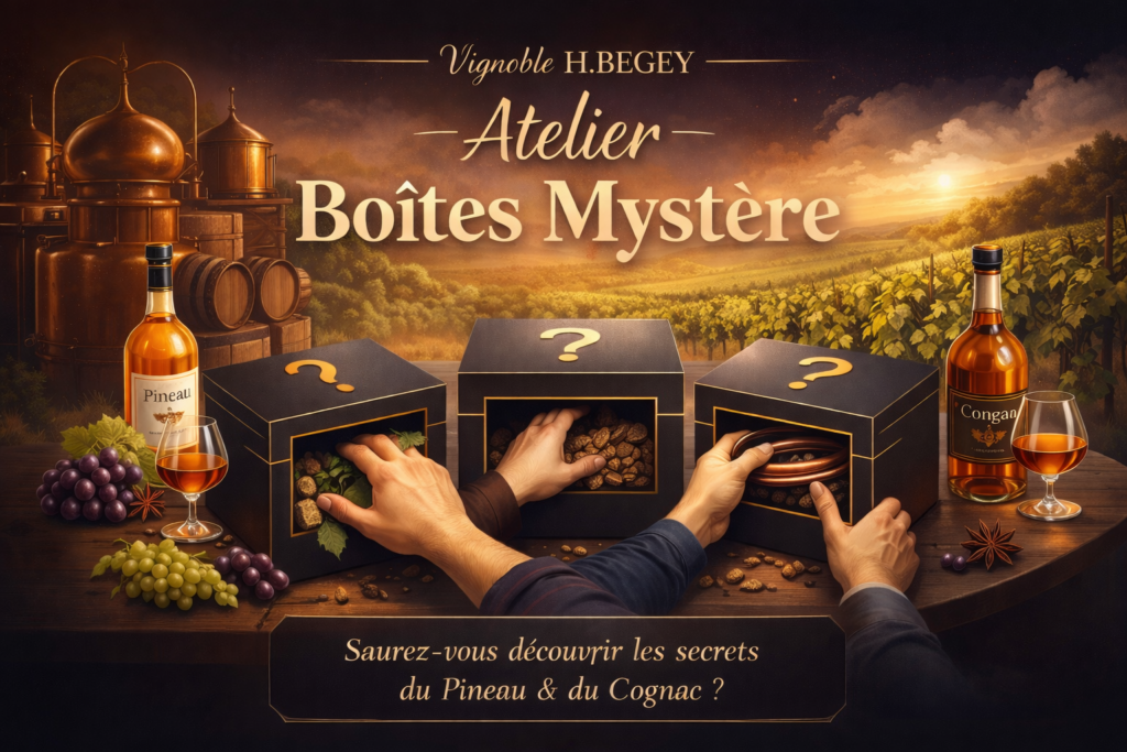 Promotional banner for Vignoble H.BEGey: hands reach into three mystery boxes labeled with question marks, flanked by Pineau and Cognac bottles in a vineyard setting.